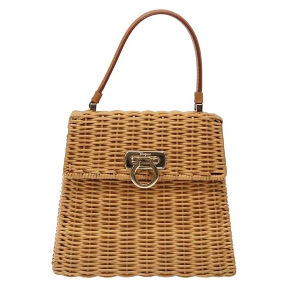 Salvatore Ferragamo Gancini Hand Bag Wicker Beige Gold Auth 132381 - Picture 2 of 16